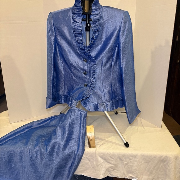 Kasper Evening Tahiti Blue 2 PC  Skirt Suit Size 10 Ruffles Jeweled Buttons NEW - Picture 1 of 16